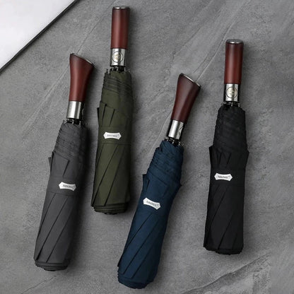 Automatic Open Compact Umbrella with Wooden Curved Handle for Rain – Windproof Canopy with Aluminum Frame – Men's & Women's Travel Accessory