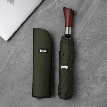 Automatic Open Compact Umbrella with Wooden Curved Handle for Rain – Windproof Canopy with Aluminum Frame – Men's & Women's Travel Accessory