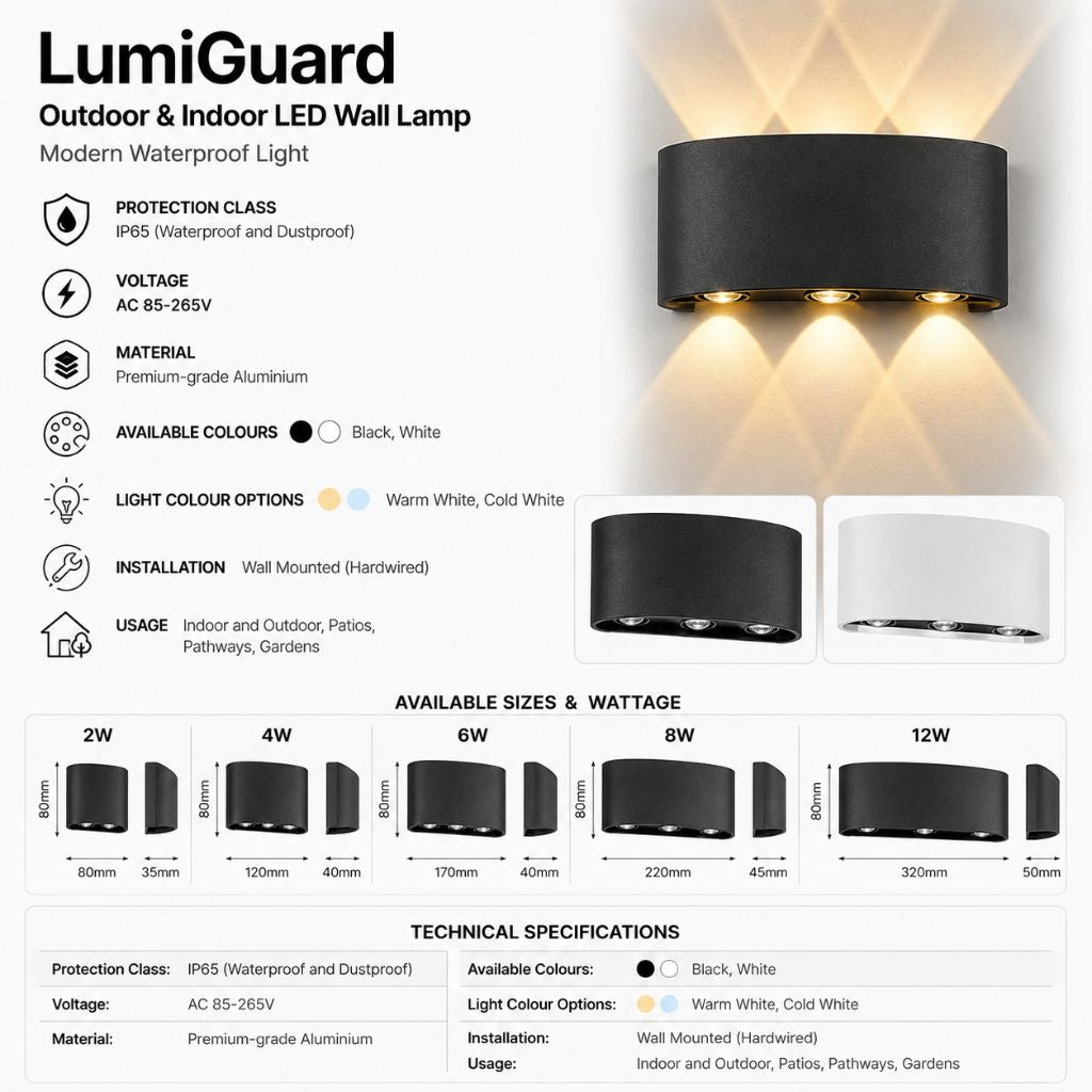 Waterproof LED Wall Sconce for Outdoor & Indoor Use – Aluminum Modern Light Fixture for Patio, Entryway, Hallway – 5 Wattage Options, Warm