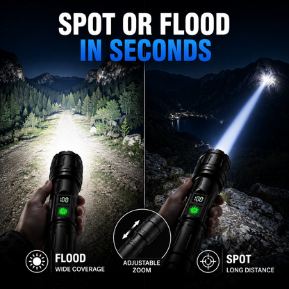 Heavy-Duty LED Flashlight with Power Bank Function, 5-Mode Zoomable Beam, Rechargeable 5000mAh Battery, Waterproof Aluminum Body for Camping