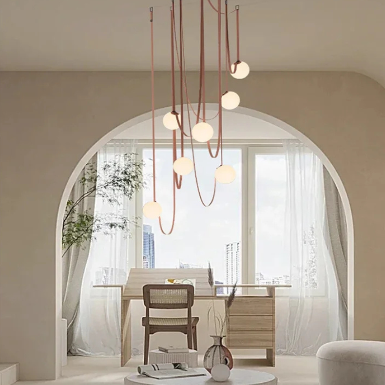 Frosted Glass Globe Hanging Light with Leather Cord Suspension for Dining Room & Living Room | Adjustable Height Ceiling Fixture | E27 Socke