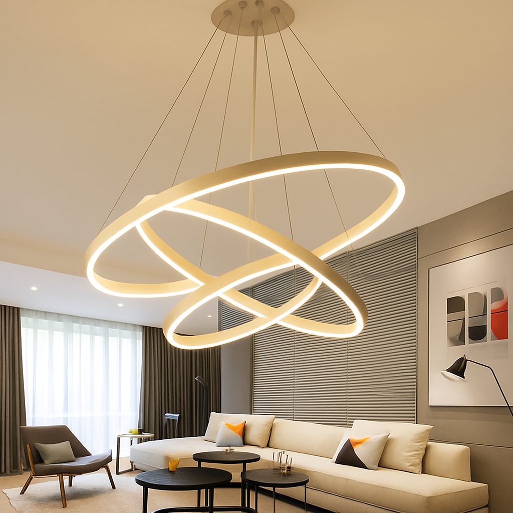 Multi-Ring LED Ceiling Light Fixture Black Steel Hanging Chandelier for Dining Room Living Space Adjustable Height Contemporary Circle Desig