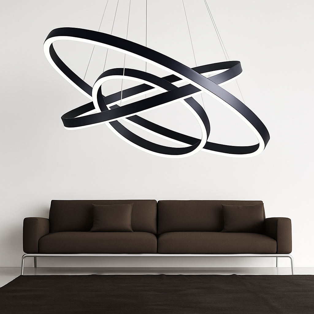 Multi-Ring LED Ceiling Light Fixture Black Steel Hanging Chandelier for Dining Room Living Space Adjustable Height Contemporary Circle Desig