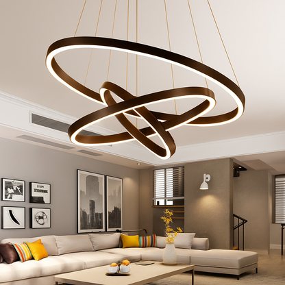 Multi-Ring LED Ceiling Light Fixture Black Steel Hanging Chandelier for Dining Room Living Space Adjustable Height Contemporary Circle Desig