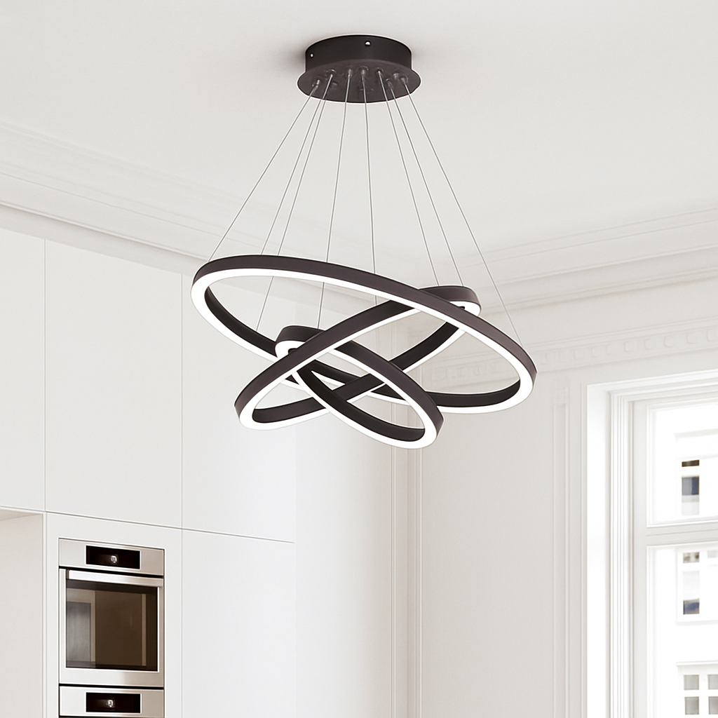 Multi-Ring LED Ceiling Light Fixture Black Steel Hanging Chandelier for Dining Room Living Space Adjustable Height Contemporary Circle Desig