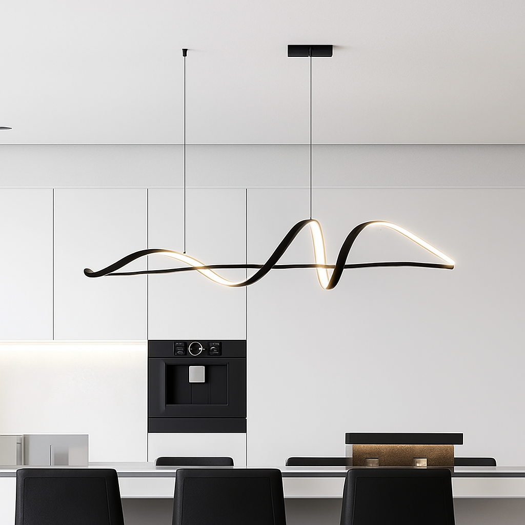 Linear LED Hanging Light for Dining Room Black Alloy Dimmable Ceiling Fixture 162-323 sq ft Coverage Modern Wave Design for Kitchen Island L