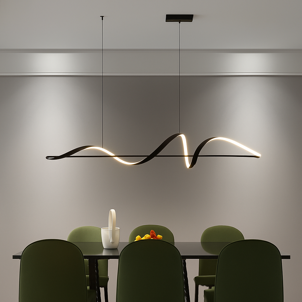 Linear LED Hanging Light for Dining Room Black Alloy Dimmable Ceiling Fixture 162-323 sq ft Coverage Modern Wave Design for Kitchen Island L
