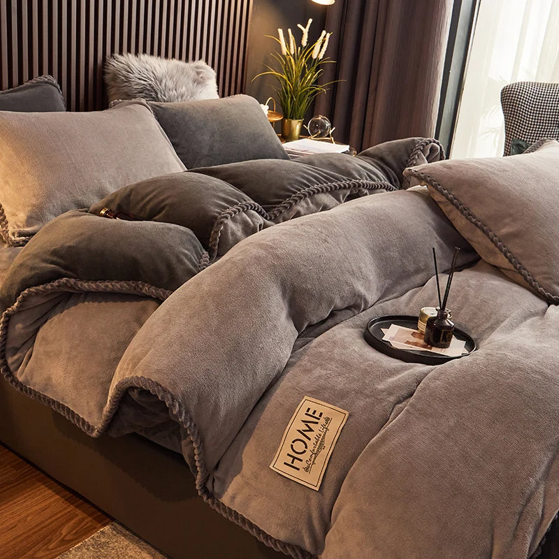 Soft Fleece Comforter Cover Set Winter Warm Bedding Queen King Gray Pink Beige Black for Bedroom Cold Weather Cozy Night Sleep