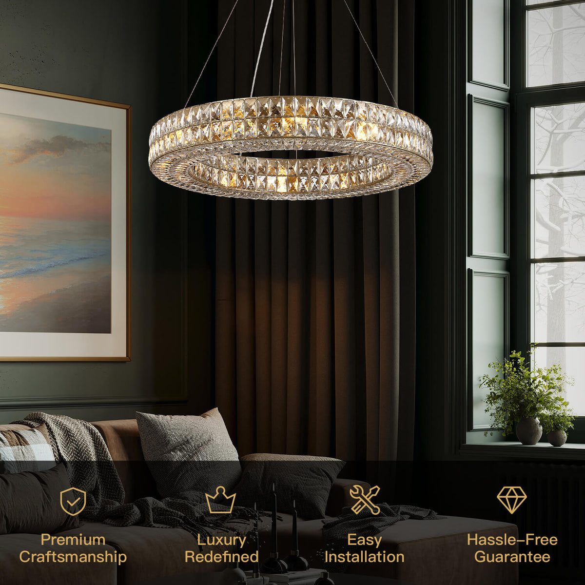Double-Ring Crystal Chandelier in Gold or Silver Finish – Contemporary Candelabra-Style Hanging Light for Dining Room & Kitchen Island – 3
