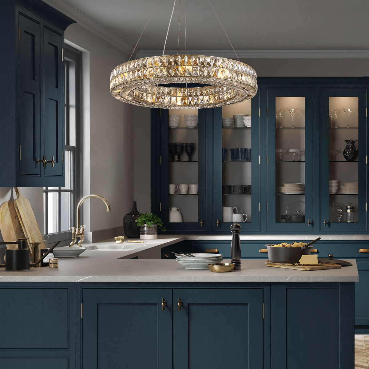 Double-Ring Crystal Chandelier in Gold or Silver Finish – Contemporary Candelabra-Style Hanging Light for Dining Room & Kitchen Island – 3
