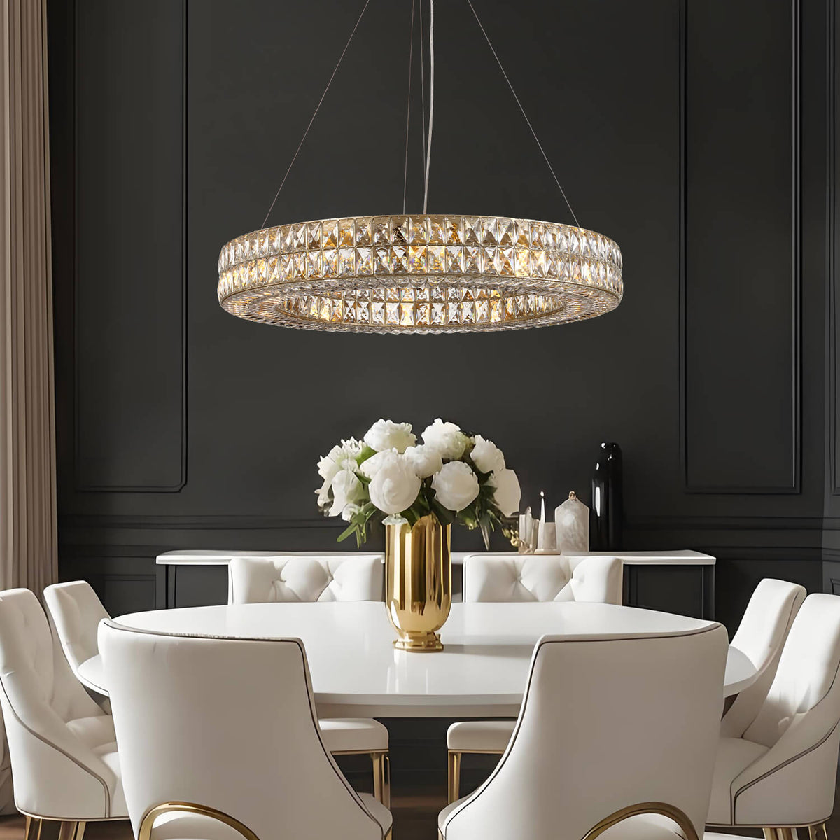 Double-Ring Crystal Chandelier in Gold or Silver Finish – Contemporary Candelabra-Style Hanging Light for Dining Room & Kitchen Island – 3