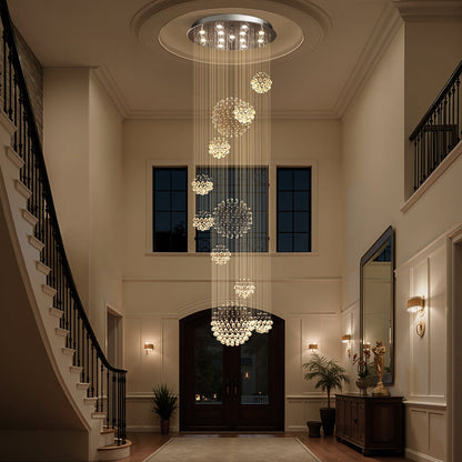 Orbital Raindrop Crystal Chandelier with Multi-Tier Chrome Frame for Stairwells & High Ceilings