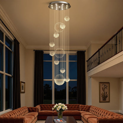 Spiral Raindrop Crystal Pendant Light 120 in Drop Chrome Multi-Tier Fixture for High Ceilings Entryways Double-Height Foyers Stairwells