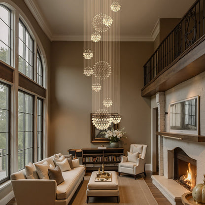 Orbital Raindrop Crystal Chandelier with Multi-Tier Chrome Frame for Stairwells & High Ceilings