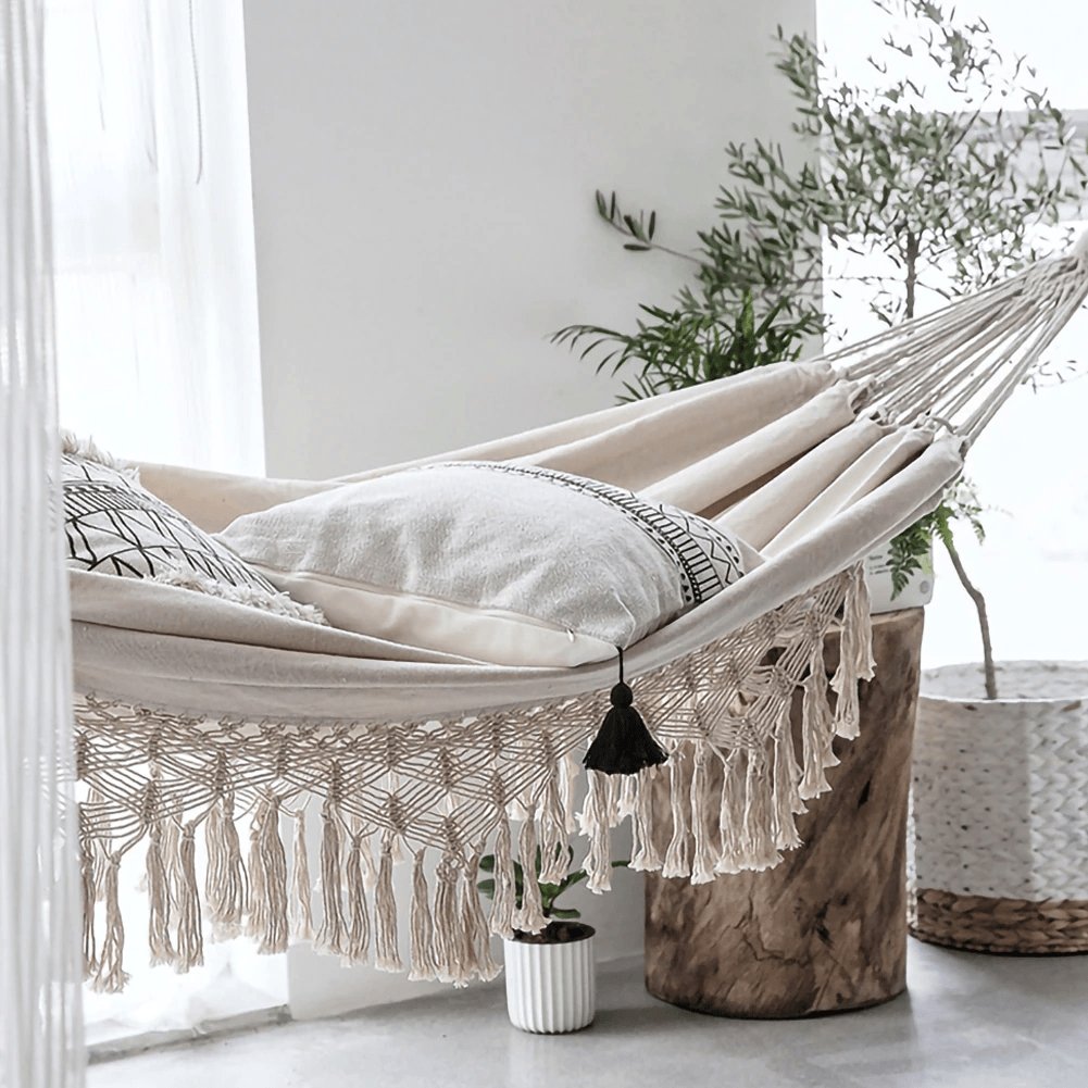 Cotton Rope Swing for Two – 79×59 Inch Indoor-Outdoor Lounger with Macramé Fringe – Porch, Patio, Balcony & Garden Relaxation Hammock