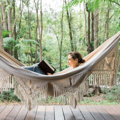 Cotton Rope Swing for Two – 79×59 Inch Indoor-Outdoor Lounger with Macramé Fringe – Porch, Patio, Balcony & Garden Relaxation Hammock