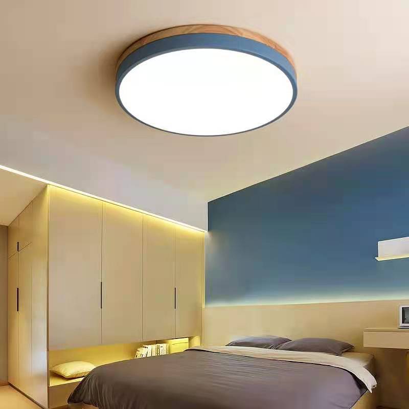 Round Wood Flush Mount LED Ceiling Light 3-Color Dimmable Scandinavian Style for Living Room Bedroom Kitchen