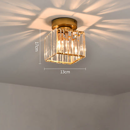 Square Brass Ceiling Light with Crystal Glass Cover – Modern Flush Mount Fixture for Bedroom, Hallway, Living Room & Home Office – E27