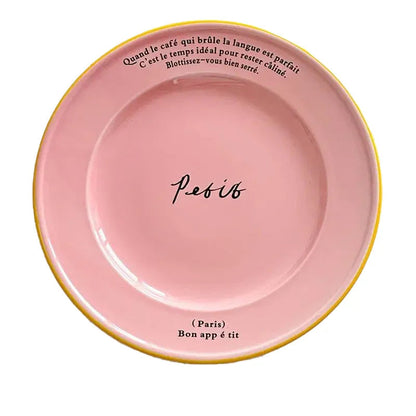Ceramic Dessert Plate 8 Inch Round Pastel Serving Dish with Script Detail for Kitchen Table Breakfast Pastry Appetizer Snack