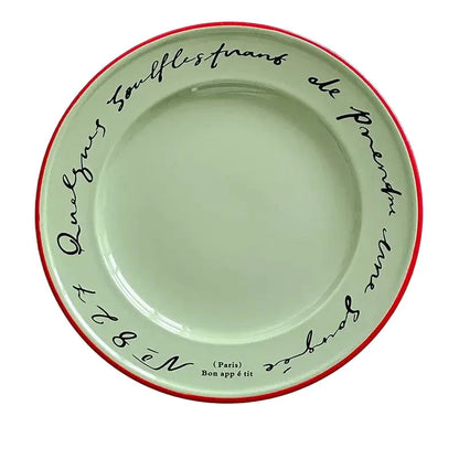 Ceramic Dessert Plate 8 Inch Round Pastel Serving Dish with Script Detail for Kitchen Table Breakfast Pastry Appetizer Snack