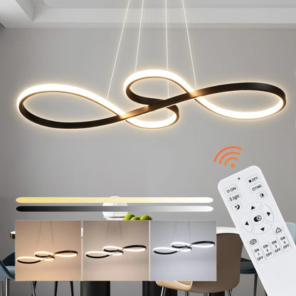 Modern Circle Hanging Fixture with Remote Dimming for Dining Room & Kitchen Island Adjustable Height 47 in Black White Gold Finish Contempor