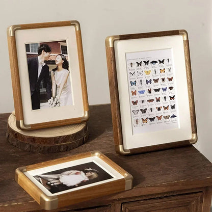 Tabletop Picture Frame with Brass Corner Accents – Real Wood Photo Display for Desk, Shelf & Nightstand – Classic Farmhouse Home Decor