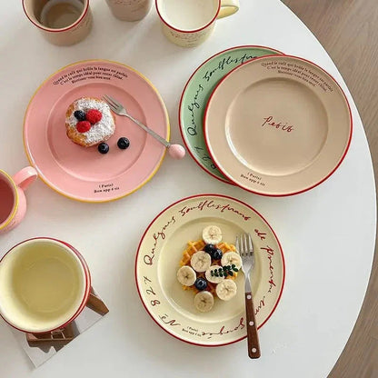 Ceramic Dessert Plate 8 Inch Round Pastel Serving Dish with Script Detail for Kitchen Table Breakfast Pastry Appetizer Snack