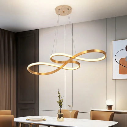 Modern Circle Hanging Fixture with Remote Dimming for Dining Room & Kitchen Island Adjustable Height 47 in Black White Gold Finish Contempor