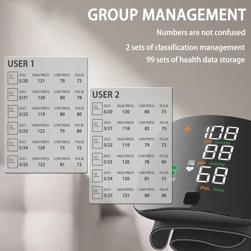 Rechargeable Wrist Blood Pressure Cuff with Voice Readout & LCD Display for Home Health Tracking