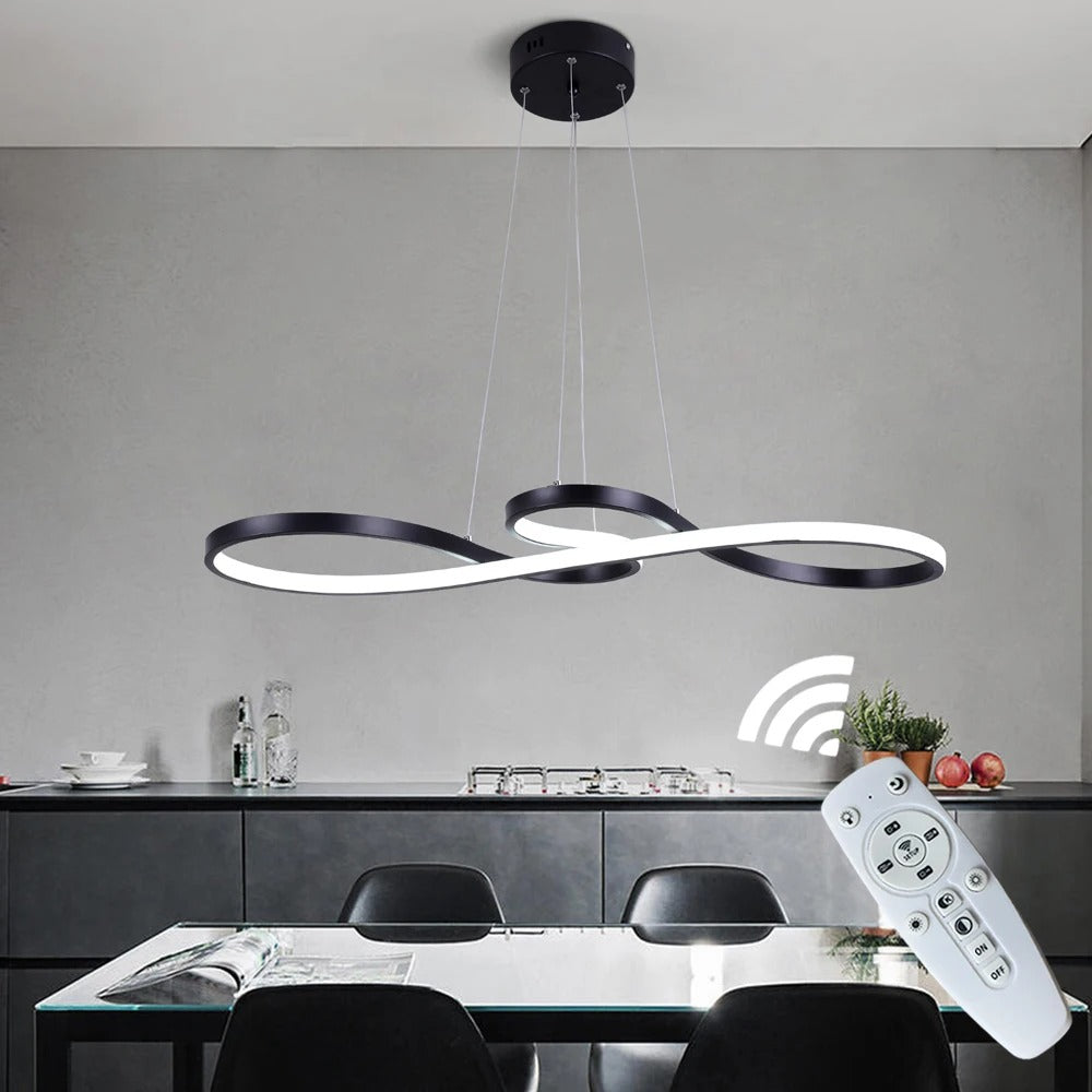Modern Circle Hanging Fixture with Remote Dimming for Dining Room & Kitchen Island Adjustable Height 47 in Black White Gold Finish Contempor
