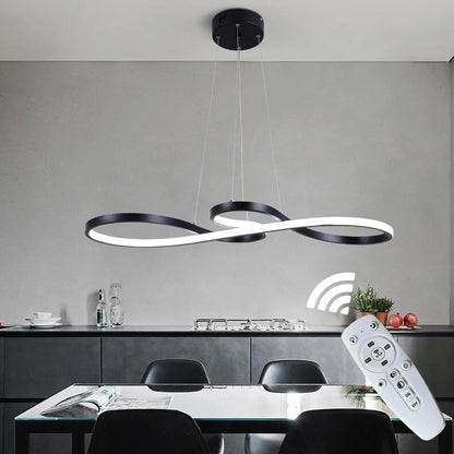 Modern Circle Hanging Fixture with Remote Dimming for Dining Room & Kitchen Island Adjustable Height 47 in Black White Gold Finish Contempor