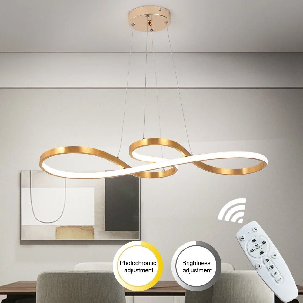 Modern Circle Hanging Fixture with Remote Dimming for Dining Room & Kitchen Island Adjustable Height 47 in Black White Gold Finish Contempor