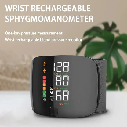 Rechargeable Wrist Blood Pressure Cuff with Voice Readout & LCD Display for Home Health Tracking