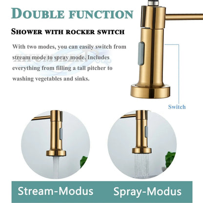 Brass Single-Hole Faucet with Rotating Spout & Detachable Spray Nozzle for Contemporary Kitchens & Dual-Basin Prep Areas