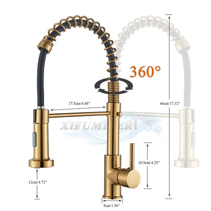 Brass Single-Hole Faucet with Rotating Spout & Detachable Spray Nozzle for Contemporary Kitchens & Dual-Basin Prep Areas