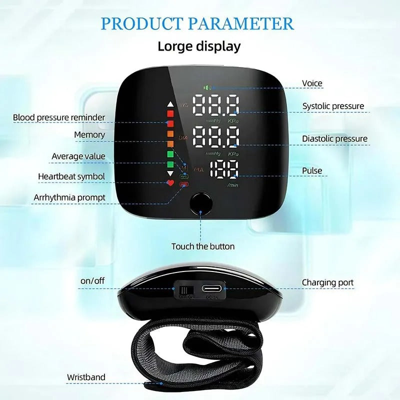 Rechargeable Wrist Blood Pressure Cuff with Voice Readout & LCD Display for Home Health Tracking