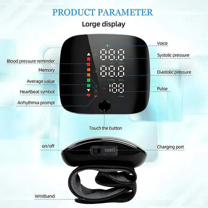 Rechargeable Wrist Blood Pressure Cuff with Voice Readout & LCD Display for Home Health Tracking