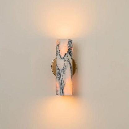 Stone Cylinder Wall Sconce Warm White LED 9.4 Inches Tall Brass Mount for Bedroom Hallway Bathroom Living Room Minimalist Natural Marble