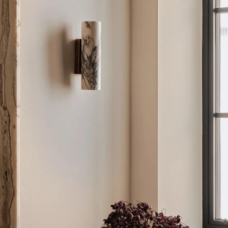 Stone Cylinder Wall Sconce Warm White LED 9.4 Inches Tall Brass Mount for Bedroom Hallway Bathroom Living Room Minimalist Natural Marble