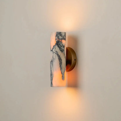 Stone Cylinder Wall Sconce Warm White LED 9.4 Inches Tall Brass Mount for Bedroom Hallway Bathroom Living Room Minimalist Natural Marble