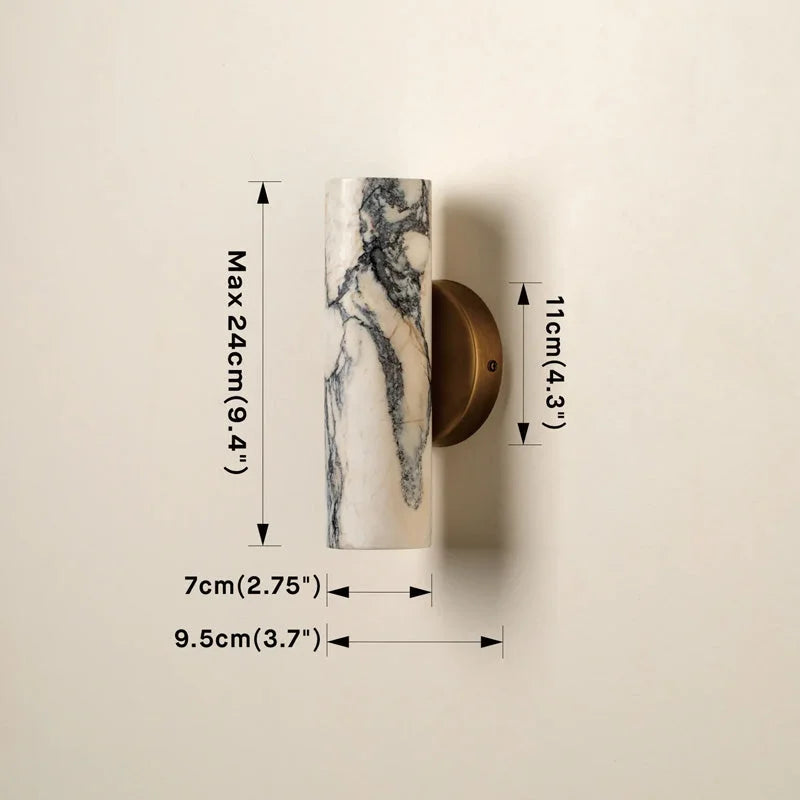 Stone Cylinder Wall Sconce Warm White LED 9.4 Inches Tall Brass Mount for Bedroom Hallway Bathroom Living Room Minimalist Natural Marble