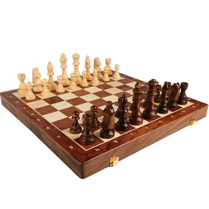 Handcrafted Wooden Chess Set with Folding Board and Solid Wood Pieces for Home, Travel & Tournament Play