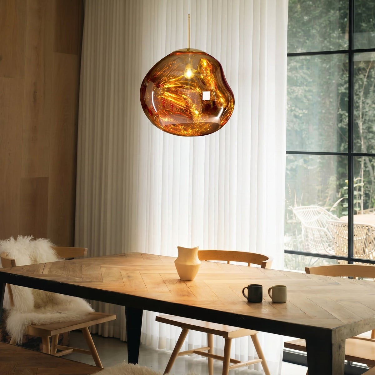 Reflective Globe Pendant Light with Molten Core Glow – Modern Acrylic LED Ceiling Lamp for Dining Room, Kitchen Island, Entryway – Warm