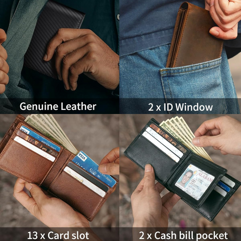 Mens Wallet with RFID Protection, RFID Blocking Wallet, Slim Bifold Leather Wallet with 13 Card Slots and ID Window