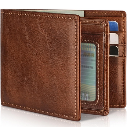 Men's Bifold Leather Wallet with RFID Protection – Slim Card Holder with ID Window for Everyday Carry & Travel Security