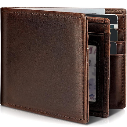 Men's Bifold Leather Wallet with RFID Protection – Slim Card Holder with ID Window for Everyday Carry & Travel Security