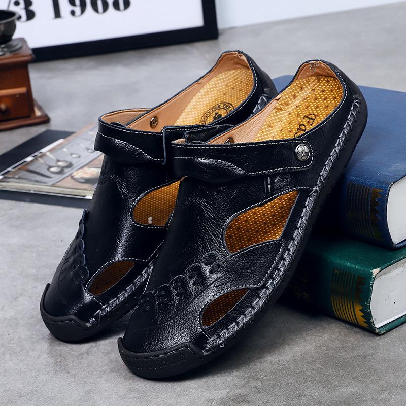 Men's Open-Toe Leather Sandals – Handcrafted, Rubber Sole, Round Toe for Summer Travel & Casual Wear – Sizes US 6.5-13