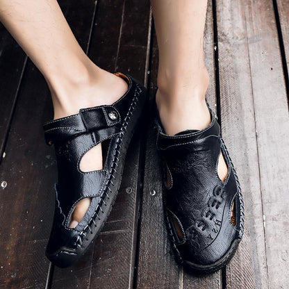 Men's Open-Toe Leather Sandals – Handcrafted, Rubber Sole, Round Toe for Summer Travel & Casual Wear – Sizes US 6.5-13