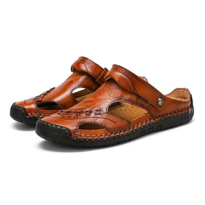 Men's Open-Toe Leather Sandals – Handcrafted, Rubber Sole, Round Toe for Summer Travel & Casual Wear – Sizes US 6.5-13