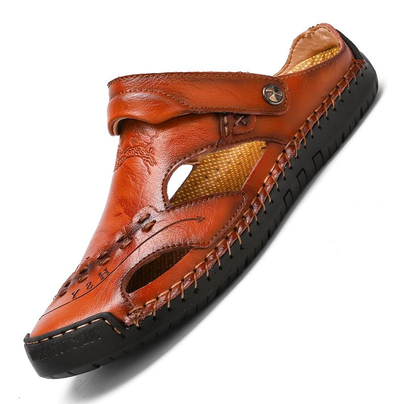Men's Open-Toe Leather Sandals – Handcrafted, Rubber Sole, Round Toe for Summer Travel & Casual Wear – Sizes US 6.5-13